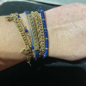 Bracelet, Blue Beads and Gold Tone Chains, Multi-Stand. 6 Strand